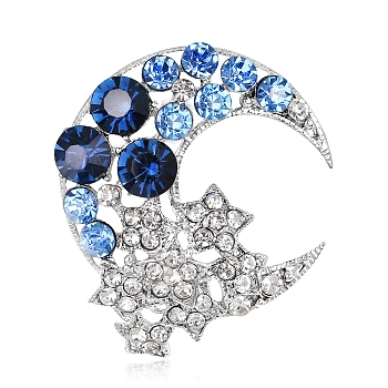 Alloy Rhinestone Brooches, Moon & Star Brooches for Women, Sapphire, 34x34mm