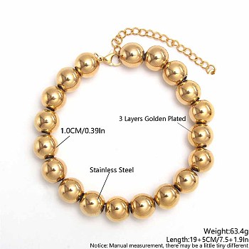 Simple Fashion Round Stainless Steel Beaded Bracelets for Women, Golden, 7-1/8 inch(18cm), Round: 4mm