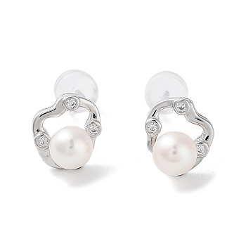 Natural Pearl Stud Earrings for Women, with Sterling Silver Pins and Rhinestone, Platinum, 9x8mm