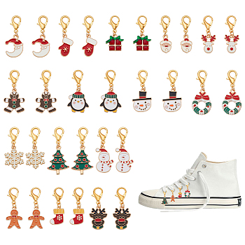 30Pcs 15 Style Alloy Enamel Pendant Decorations, with Alloy Swivel Lobster Claw Clasps, Mixed Shapes, Golden, Mixed Color, 33~42mm
