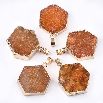 Electroplate Natural Druzy Agate Pendants, with Iron Findings, Dyed, Hexagon, Golden, Chocolate, 32~36x24~27x8~15mm, Hole: 4.5x6.5mm
