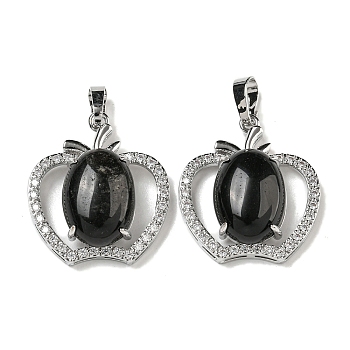 Natural Obsidian with Clear Cubic Zirconia Pendants, Apple Charms with Rack Plating Brass Findings, Platinum, Cadmium Free & Lead Free, 28.5x25.5x9~10mm, Hole: 7x5mm