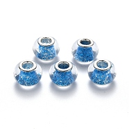 Transparent Glass European Beads, Large Hole Rondelle Beads, with Glitter Sequins and Platinum Tone Brass Double Cores, Dodger Blue, 14x10mm, Hole: 5mm(GLAA-N033-04A)