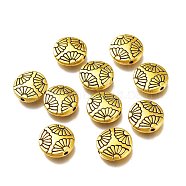 Tibetan Style Alloy Beads, Flat Round with Flower Pattern , Antique Golden, 13x3.5mm, Hole: 1.4mm(PALLOY-H170-34AG)