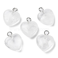 Natural Quartz Crystal Pendants, Rock Crystal Pendants, Heart Charms with Platinum Plated Brass Loops, 14.8~15x12x4.1~4.6mm, Hole: 2mm(G-E603-01P-10)