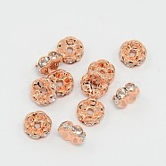 Brass Rhinestone Spacer Beads, Grade AAA, Wavy Edge, Nickel Free, Rose Gold, Rondelle, Crystal, 8x3.8mm, Hole: 1.5mm(X-RB-A014-L8mm-01RG-NF)