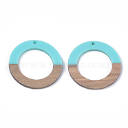 Resin & Walnut Wood Pendants, Ring, Dark Turquoise, 38x3.5mm, Hole: 2mm(RESI-S358-04J-01)