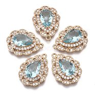 Brass Micro Pave Cubic Zirconia Pendants, with Faceted Glass, Long-Lasting Plated, Light Gold, Teardrop, Light Cyan, 23x17x7mm, Hole: 1.4mm(KK-R111-005-A05)