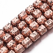 Electroplated Natural Lava Rock Beads Strands, Hexagon, Bumpy, Rose Gold Plated, 8x7.5x6.5mm, Hole: 1.2mm, about 50pcs/strand, 15.35 inch~15.75 inch(39cm~40cm)(G-T114-65RG)