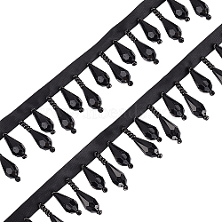 Polyester Bead Tassel Trimming, with Teardrop Plastic Beads, Costume Embellishments, Black, 30~42x8mm, about 3 yards/card(DIY-WH0111-431)