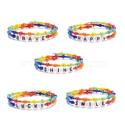 Colorful Acrylic Word & Glass Seed Beaded Wrap Bangle, Double Layered Bangle for Women, Mixed Patterns, Inner Diameter: 2-1/8 inch(5.4cm)(BJEW-JB08561)