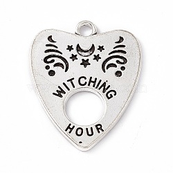Tibetan Style Alloy Pendants, Antique Silver, Heart with Word Witching Hour, Moon Pattern, 27.5x23x1.4mm, Hole: 2.4mm(FIND-A021-01B-AS)
