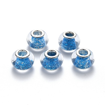 Transparent Glass European Beads, Large Hole Rondelle Beads, with Glitter Sequins and Platinum Tone Brass Double Cores, Dodger Blue, 14x10mm, Hole: 5mm