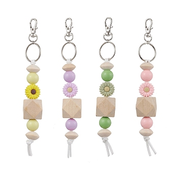 Wood & Acrylic & Silicone Beaded Keychain, with Alloy Swivel Clasps and Iron Split Key Rings, Mixed Color, 18cm