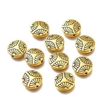 Tibetan Style Alloy Beads, Flat Round with Flower Pattern , Antique Golden, 13x3.5mm, Hole: 1.4mm