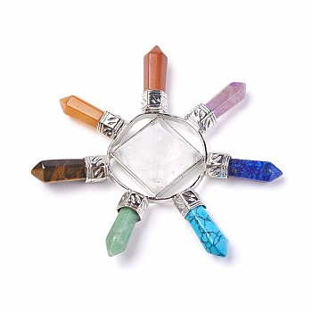 Chakra Jewelry, Natural & Synthetic Mixed Stone Pyramid Home Display Decorations, with Brass Findings and Natural Quartz Crystal, 78~81x20~23mm