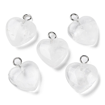 Natural Quartz Crystal Pendants, Rock Crystal Pendants, Heart Charms with Platinum Plated Brass Loops, 14.8~15x12x4.1~4.6mm, Hole: 2mm