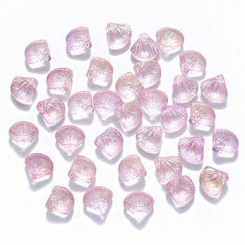 Transparent Spray Painted Glass Beads, Top Drilled Beads, with Glitter Powder, Scallop Shape, Pink, 10x10.5x6mm, Hole: 1mm