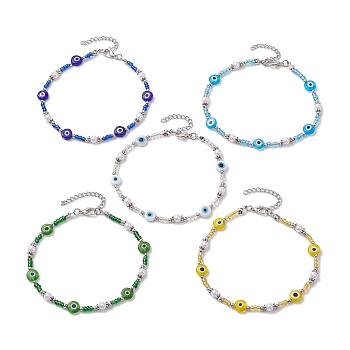 Handmade Evil Eye Lampwork & Glass Seed Beaded Anklets, Mixed Color, 10-1/4 inch(26cm)