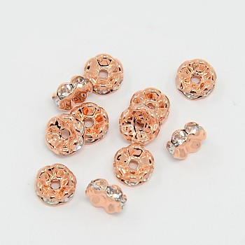 Brass Rhinestone Spacer Beads, Grade AAA, Wavy Edge, Nickel Free, Rose Gold, Rondelle, Crystal, 8x3.8mm, Hole: 1.5mm