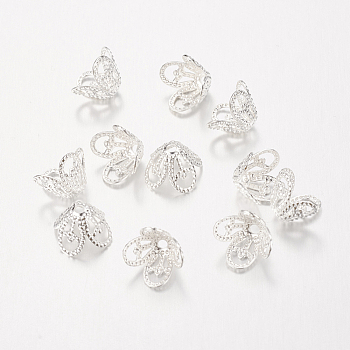 Brass Bead Caps, Lead Free and Cadmium Free, Silver Color Plated, about 8.5mm long, 8.5mm wide, 6mm thick, hole: 1mm