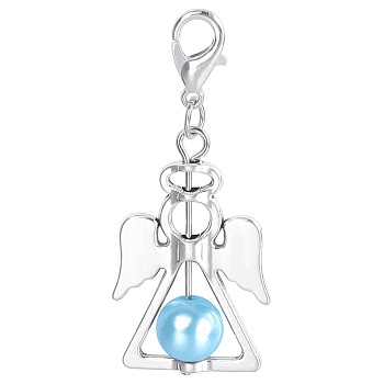Alloy Angel Pendant Decorations, with CCB Imitation Pearl, Light Sky Blue, 4.4x1.9cm