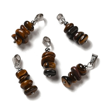Natural Tiger Eye Chip Pendants, Lucky Charms with Stainless Steel Color Plated Stainless Steel Snap on Bails, 24~27x11~14x7~10mm, Hole: 7x4mm