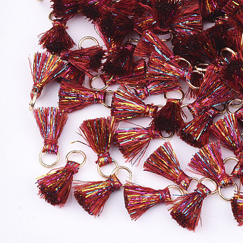 Polyeter Tassel Pendants, with Metallic Cord and Iron Jump Rings, Golden, Brown, 10~15x5~8mm, Hole: 3.5mm