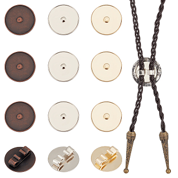 Elite 12Pcs 3 Styles Alloy Bolo Tie Slides Clasp Cabochon Settings, Blank Bolo Tie Slides Low Profile Accessories, Flat Round, Mixed Color, Tray: 21.5mm, 21.5~22.5mm, about 4pcs/style
