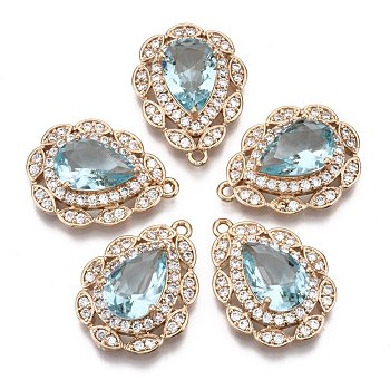 Brass Micro Pave Cubic Zirconia Pendants, with Faceted Glass, Long-Lasting Plated, Light Gold, Teardrop, Light Cyan, 23x17x7mm, Hole: 1.4mm
