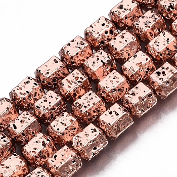 Electroplated Natural Lava Rock Beads Strands, Hexagon, Bumpy, Rose Gold Plated, 8x7.5x6.5mm, Hole: 1.2mm, about 50pcs/strand, 15.35 inch~15.75 inch(39cm~40cm)