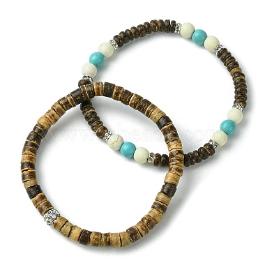 2Pcs 2 Style Synthetic Turquoise Round & Natural Coconut Disc Beaded Stretch Bracelets Set(BJEW-JB09807)-5