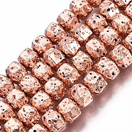 Electroplated Natural Lava Rock Beads Strands, Hexagon, Bumpy, Rose Gold Plated, 6.5x7x5.5mm, Hole: 1.2mm, about 73pcs/strand, 15.55 inch~15.94 inch(39.5cm~40.5cm)(G-T114-64RS)