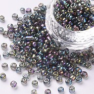 Round Glass Seed Beads, Transparent Colours Rainbow, Round, Dark Gray, 4mm(SEED-A007-4mm-172)