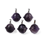 Natural Amethyst Pendants, with Stainless Steel Color Tone Stainless Steel Findings, Planet, 22.5x20mm, Hole: 3x5mm(PORC-T132-053I)