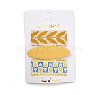 Cloth Snap Hair Clips Set, with Platinum Iron Snap Clips, Rectangle & Oval, with Heart & Leaf Pattern, Gold, 59~70x21~24x2~5.5mm, 3pcs/set(PHAR-D010-01C)