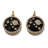Brass Micro Pave Clear Cubic Zirconia Pendants, Long-Lasting Plated, with Jump Rings & Black Enamel, Flat Round with Planet & Star, Real 18K Gold Plated, 20x18x2.6mm, Hole: 3.2mm(ZIRC-B0003-17G)
