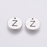 304 Stainless Steel Charms,  Flat Round with Letter, Stainless Steel Color, Letter.Z, 10x1mm, Hole: 1mm(STAS-P212-15P-22)