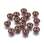 Tibetan Style Alloy Spacer Beads, Lead Free & Nickel Free & Cadmium Free, Rondelle with Flower, Red Copper Color, about 9mm long, 9mm wide, 6mm thick, hole: 1.5mm(X-RLF10978Y-NF)