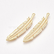 Brass Pendants, Feather, Real 18K Gold Plated, 37x7.5x1.5mm, Hole: 1mm(X-KK-S350-239B)