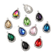 Glass & Rhinestone Pendants, with Platinum Brass Findings, Teardrop Charms, Mixed Color, 26x17~17.5x6~7mm, Hole: 2.3mm(KK-Q777-34P)
