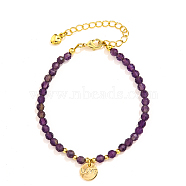 Natural Gemstone Beads Stretch Bracelets, Flat Round with Word Love Charm Bracelets for Women, with Brass Beads, Purple, 6-1/4 inch(16cm)(PN0499-1)