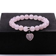 Natural Rose Quartz Beaded Stretch Bracelets, with Heart Charms, 7-1/4~7-1/2 inch(18.5~19cm)(PW-WG34938-01)