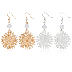 2 Pairs 2 Colors Alloy Sun with Smiling Face Dangle Earrings with Plastic Pearl Beaded, Long Drop Earrings for Women, Mixed Color, 62.5mm, Pin: 0.5mm, 1 Pair/color(EJEW-AN0001-82)