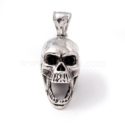 Tibetan Style 304 Stainless Steel Pendants, Skull, Antique Silver, 32x15x20mm, Hole: 8x4mm(STAS-P305-49AS)