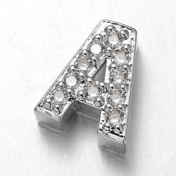Platinum Plated Brass Micro Pave Cubic Zirconia Letter Slide Charms, Letter.A, 9.5x8x4mm, Hole: 4.5x1.5mm(ZIRC-E015-04A)