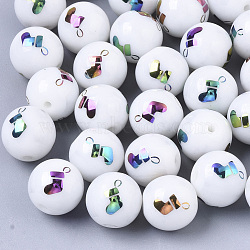 Christmas Opaque Glass Beads, Round with Electroplate Christmas Sock Pattern, Multi-color Plated, 10mm, Hole: 1.2mm(X-EGLA-R113-04D)