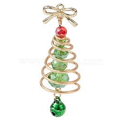 Glass & Alloy Pendants, with Brass Bell & Golden Copper Wire, Christmas Tree & Bowknot, Green, 44x15x15mm, Hole: 1.2mm(PALLOY-JF02990-01)