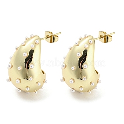 Brass Teardrop Stud Earrings with ABS Imitation Pearl Beaded, Real 18K Gold Plated, 25x17mm(EJEW-I300-01G)