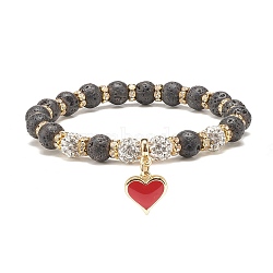 Natural Lava Rock Stretch Bracelet with Crystal Rhinestone, Essential Oil Gemstone Bracelet with Heart Charm for Women, Black, Inner Diameter: 2-1/8 inch(5.4cm)(BJEW-SZ0002-37B)